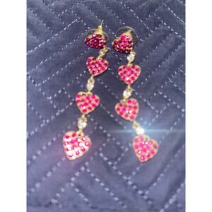 Dangling Heart Earrings, Pink Rhinestone Gold Tone Fashion Jewelry‎